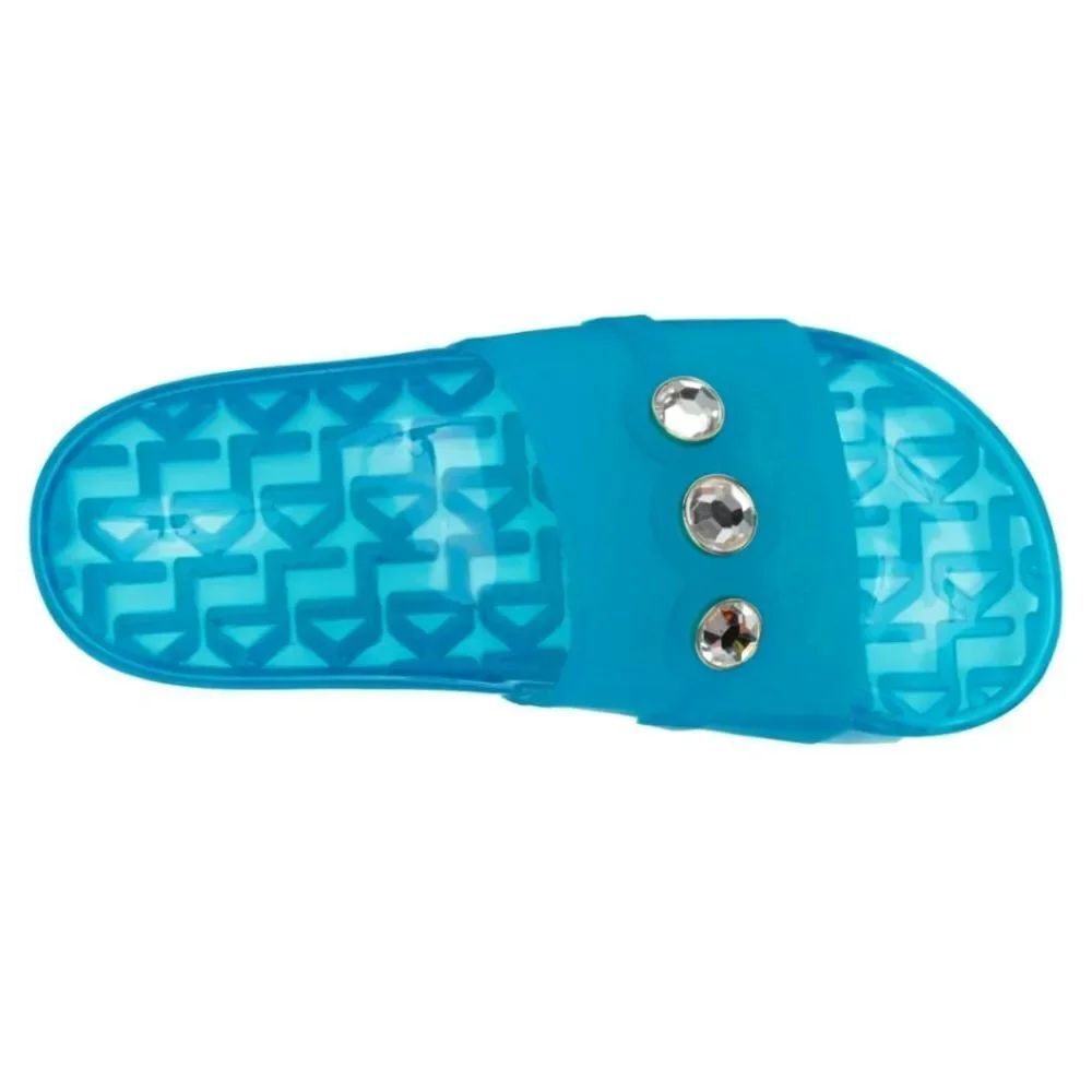 BRAND NEW KARL LAGERFELD TEAL SLIDE with CRYSTAL DETAILS SANDAL R3